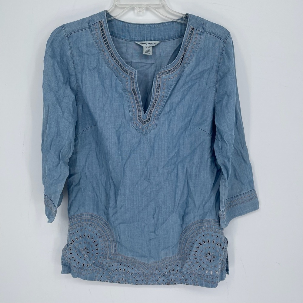 Tommy Bahama Women's Blue Eyelet Embroidered Lyocell Beach Boho Tunic Top Size S